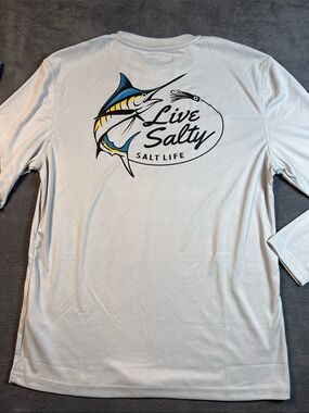 Salt Life White Long Sleeve Tee with Blue and Yellow Marlin Graphic